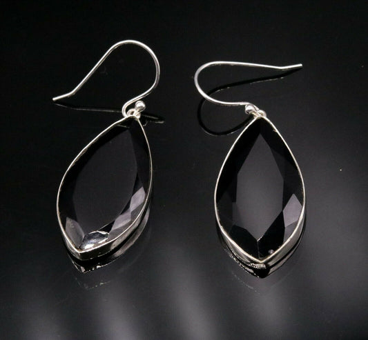 EXCELLENT GIFTING JEWELRY BLACK ONYX 925 SILVER HOOPS DROP DANGLE EARRING s129 - TRIBAL ORNAMENTS