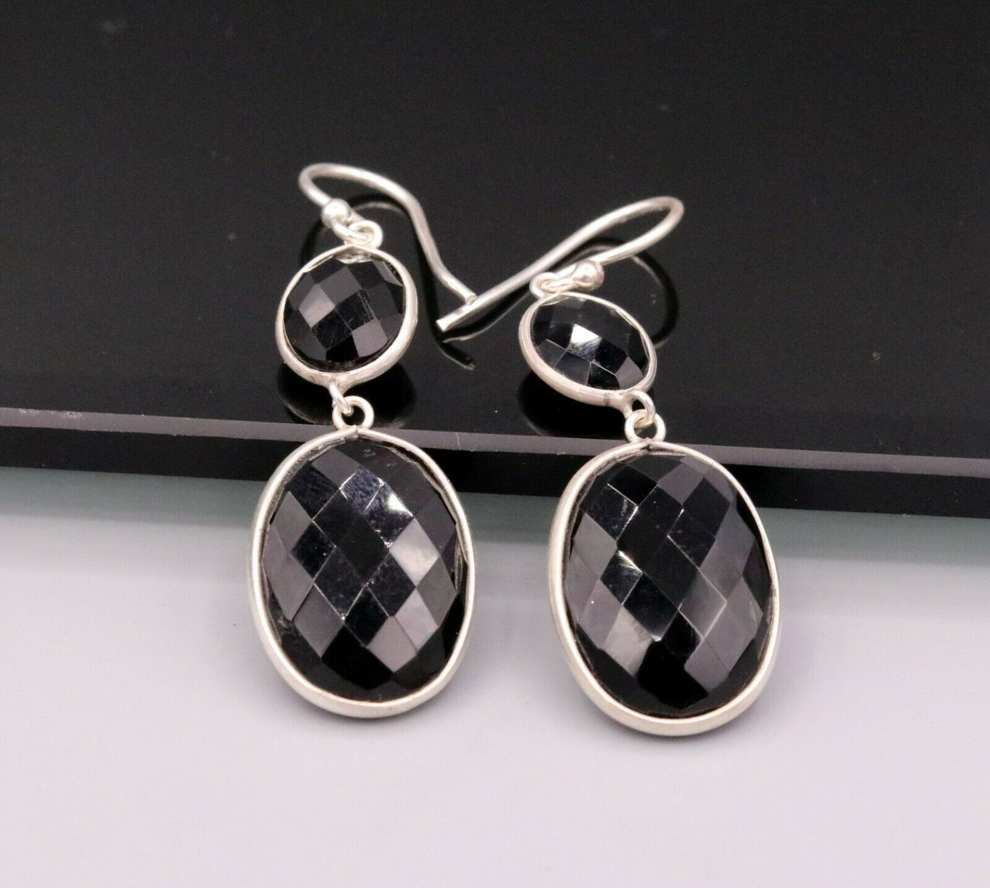 VINTAGE STYLISH EARRINGS HOOPS DANGLING 925 SOLID SILVER WITH ONYX STONE s189 - TRIBAL ORNAMENTS