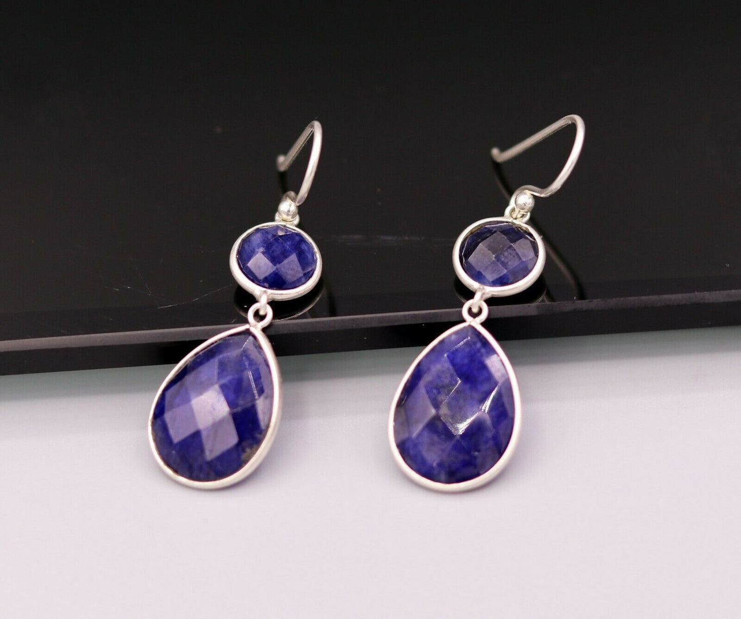 925 STERLING SILVER HANDMADE DAILY USE SIMULATED SAPPHIRE HOOPS EARRINGS s162 - TRIBAL ORNAMENTS