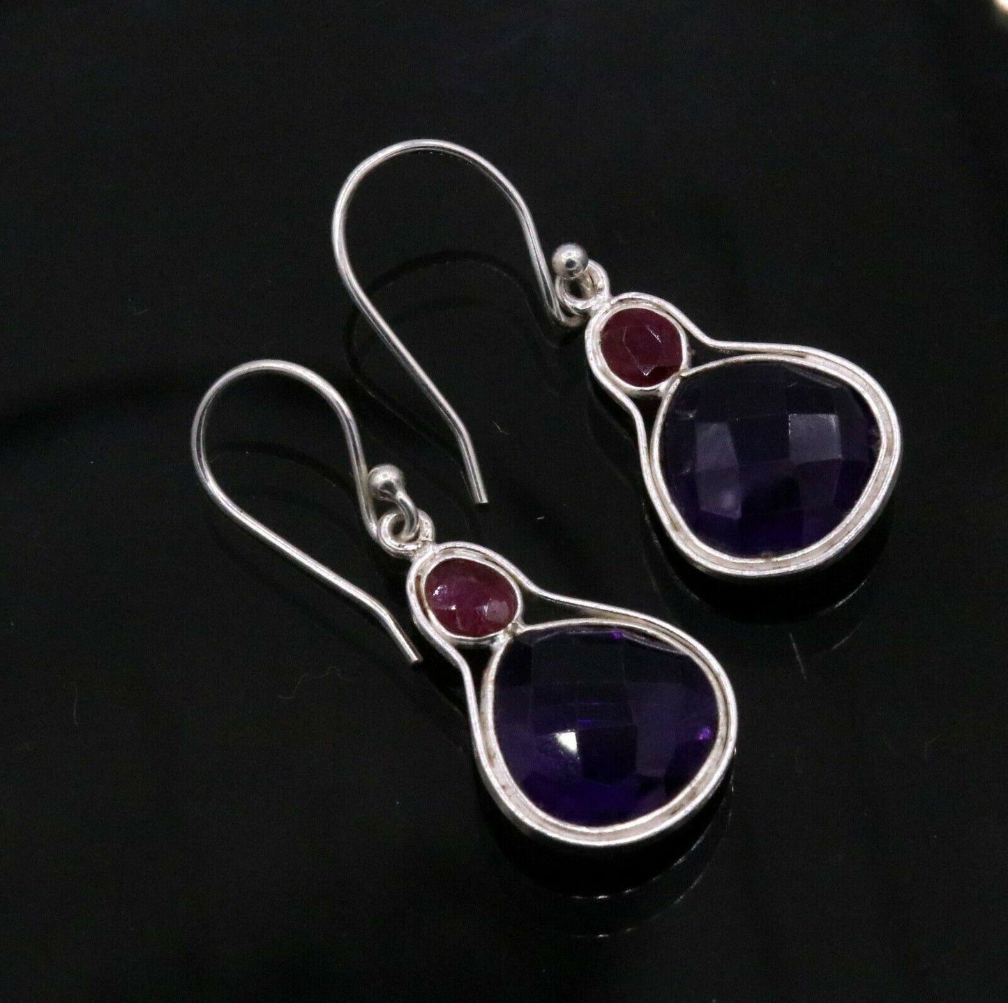 925 STERLING SILVER ANTIQUE STYLE HOOPS EARRING DROP DANGLE AMETHYST STONE S305 - TRIBAL ORNAMENTS