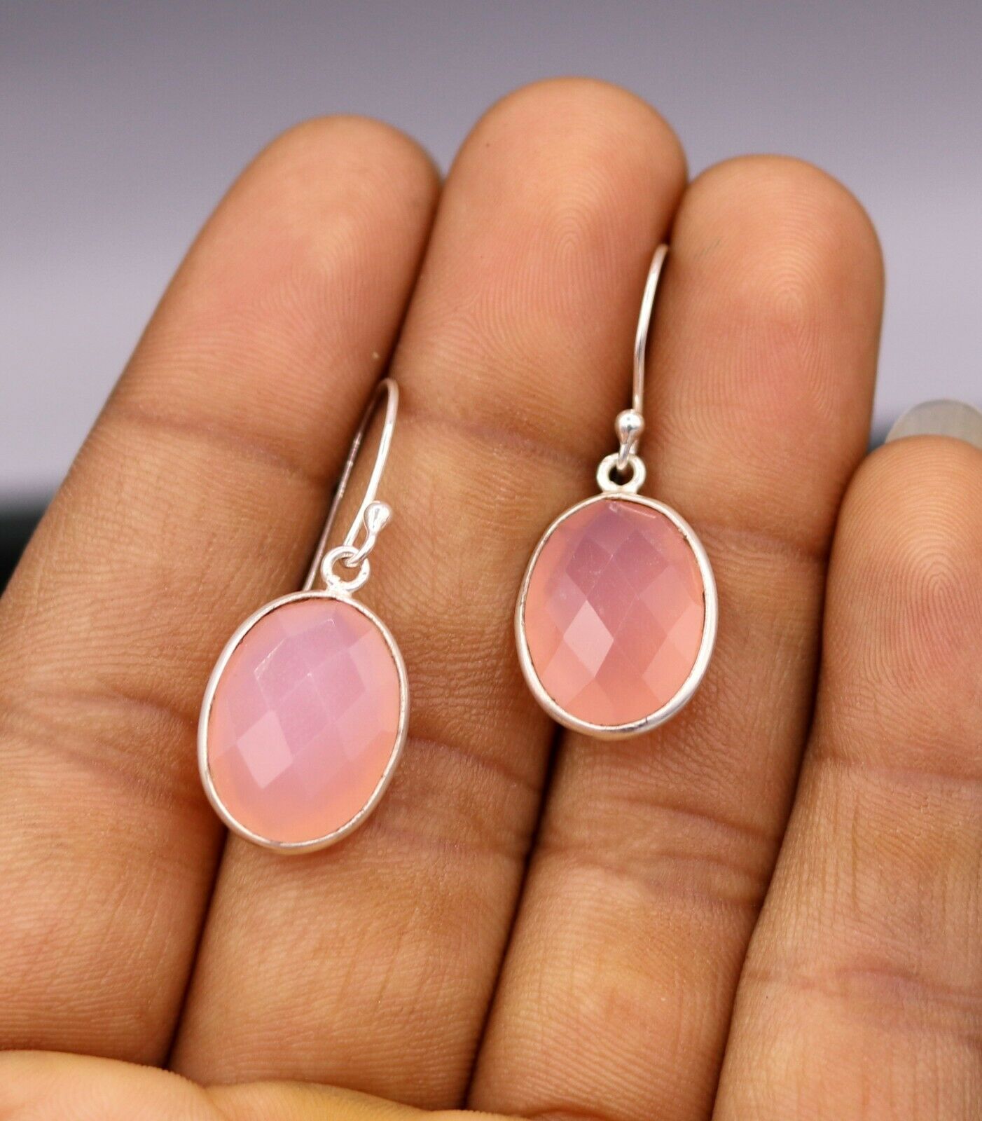 SIMPLE 925 SILVER HANDMADE EARRINGS DANGLING PINK ROSE QUARTZ GIFTING s-177 - TRIBAL ORNAMENTS