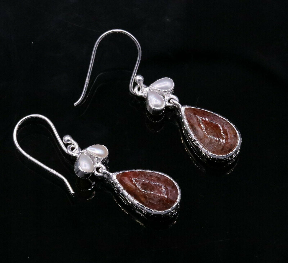 VINTAGE DESIGN STYLE STONE 925 STERLING SILVER DANGLING HOOP EARRING S323 - TRIBAL ORNAMENTS