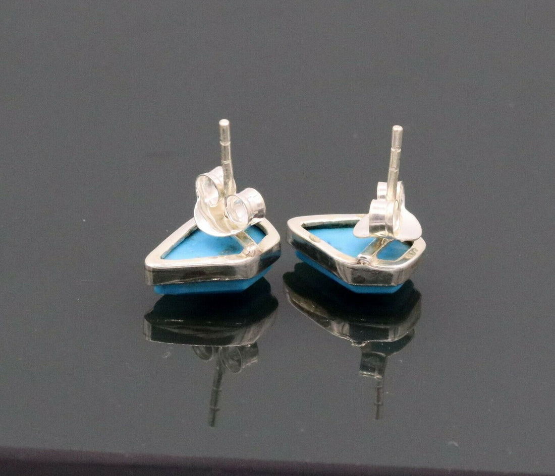 BLUE TURQUOISE STONE FABULOUS SOLID 925 SILVER STUD EARRINGS JEWELRY UNISEX S290 - TRIBAL ORNAMENTS