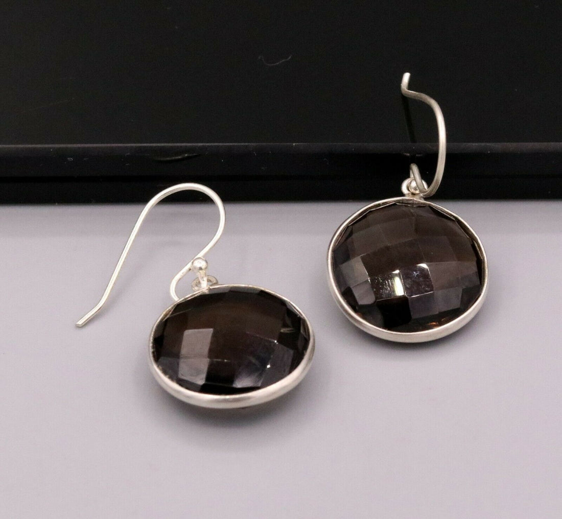 TOP CLASS SMOKY QUARTZ 925 SILVER DROP DANGLE HOOPS EARRINGS DAILY USE STUD s185 - TRIBAL ORNAMENTS