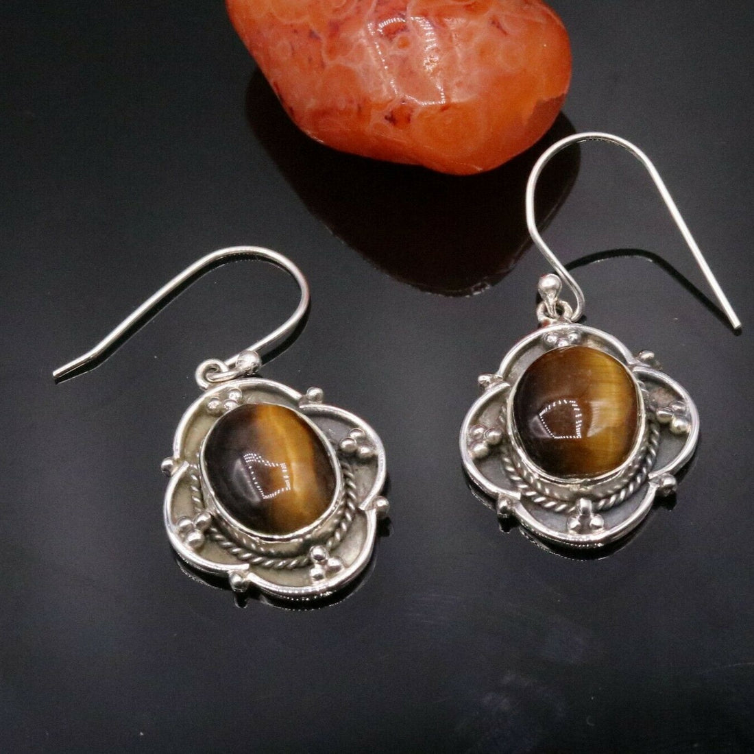 925 STERLING SILVER AMAZING TIGER'S STONE HOOPS EARRING DANGLING GIFTING S227 - TRIBAL ORNAMENTS