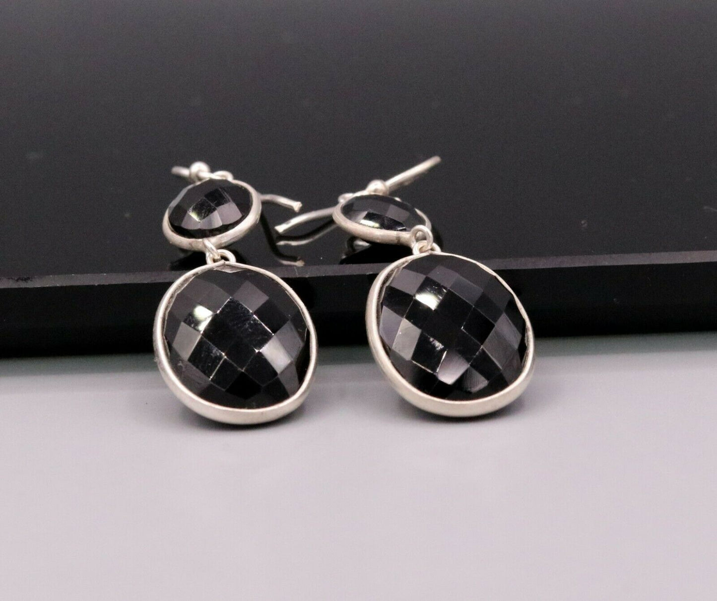 VINTAGE STYLISH EARRINGS HOOPS DANGLING 925 SOLID SILVER WITH ONYX STONE s189 - TRIBAL ORNAMENTS