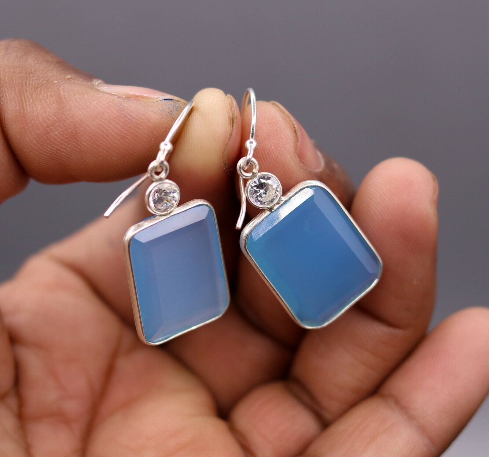 PRETTY SKY BLUE QUARTZ STONE 925 STERLING SILVER DROP DANGLE HOOPS EARRINGS s124 - TRIBAL ORNAMENTS