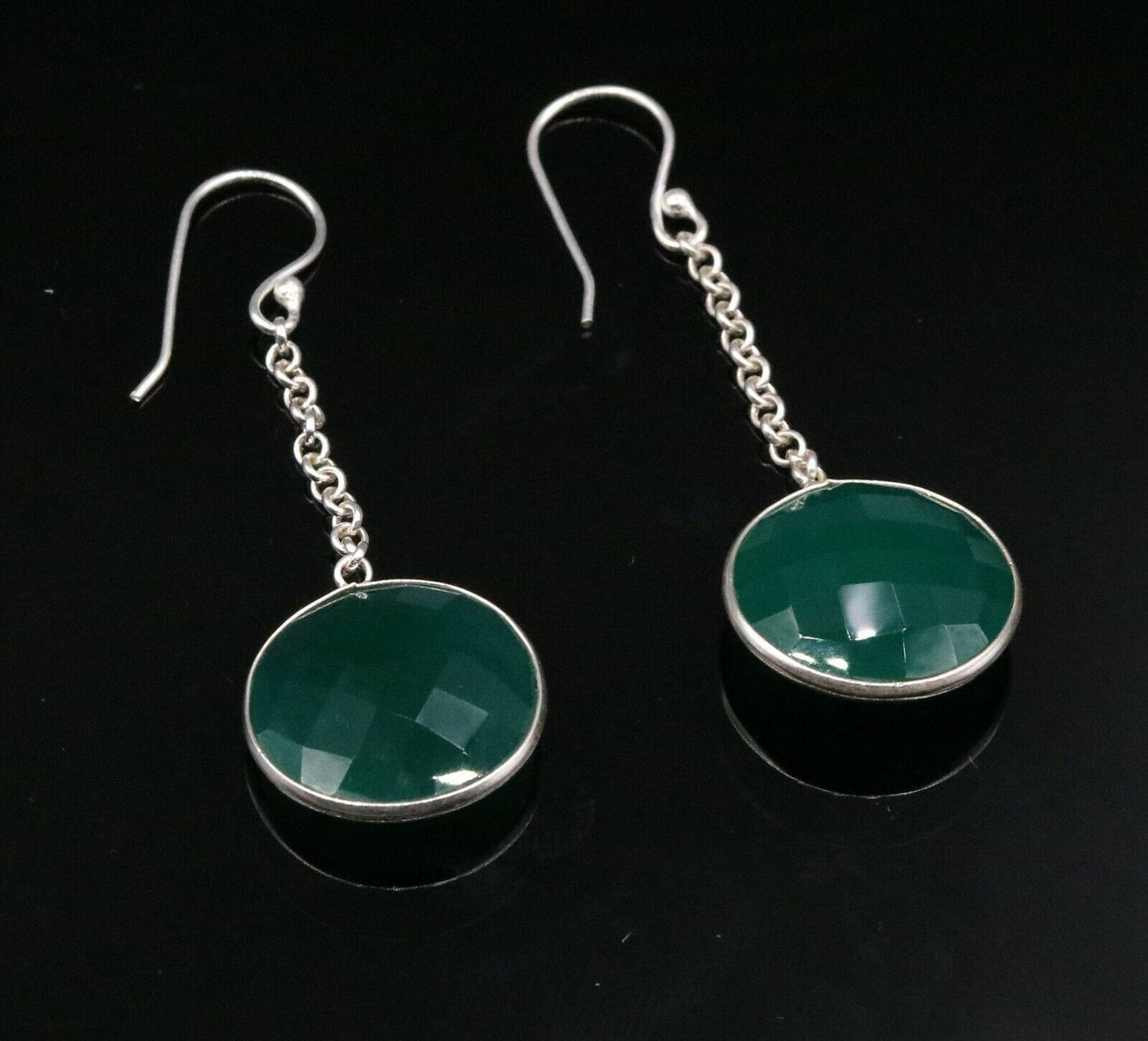 925 SOLID SILVER GREEN ONYX HOOPS LONG EARRING MODERN STYLISH JEWELRY STUD s150 - TRIBAL ORNAMENTS