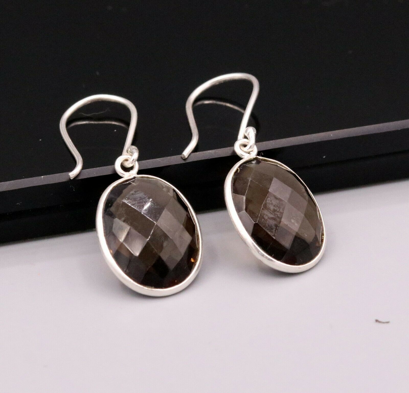 FABULOUS SMOKY QUARTZ 925 SILVER DROP DANGLE HOOPS EARRINGS DAILY USE STUD s183 - TRIBAL ORNAMENTS