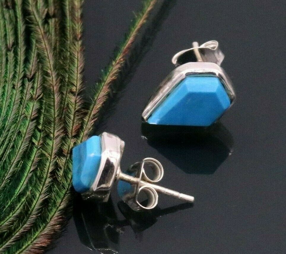 BLUE TURQUOISE STONE FABULOUS SOLID 925 SILVER STUD EARRINGS JEWELRY UNISEX S290 - TRIBAL ORNAMENTS