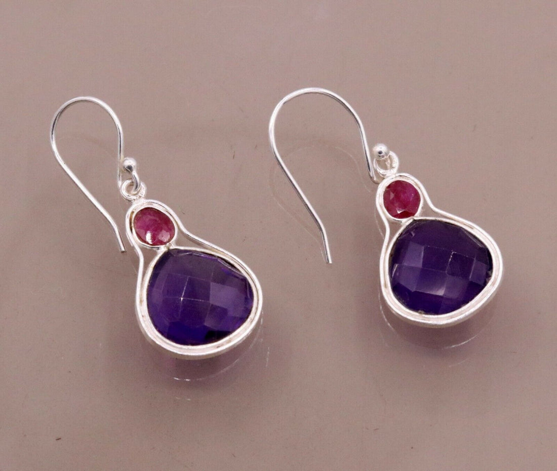 925 STERLING SILVER ANTIQUE STYLE HOOPS EARRING DROP DANGLE AMETHYST STONE S305 - TRIBAL ORNAMENTS