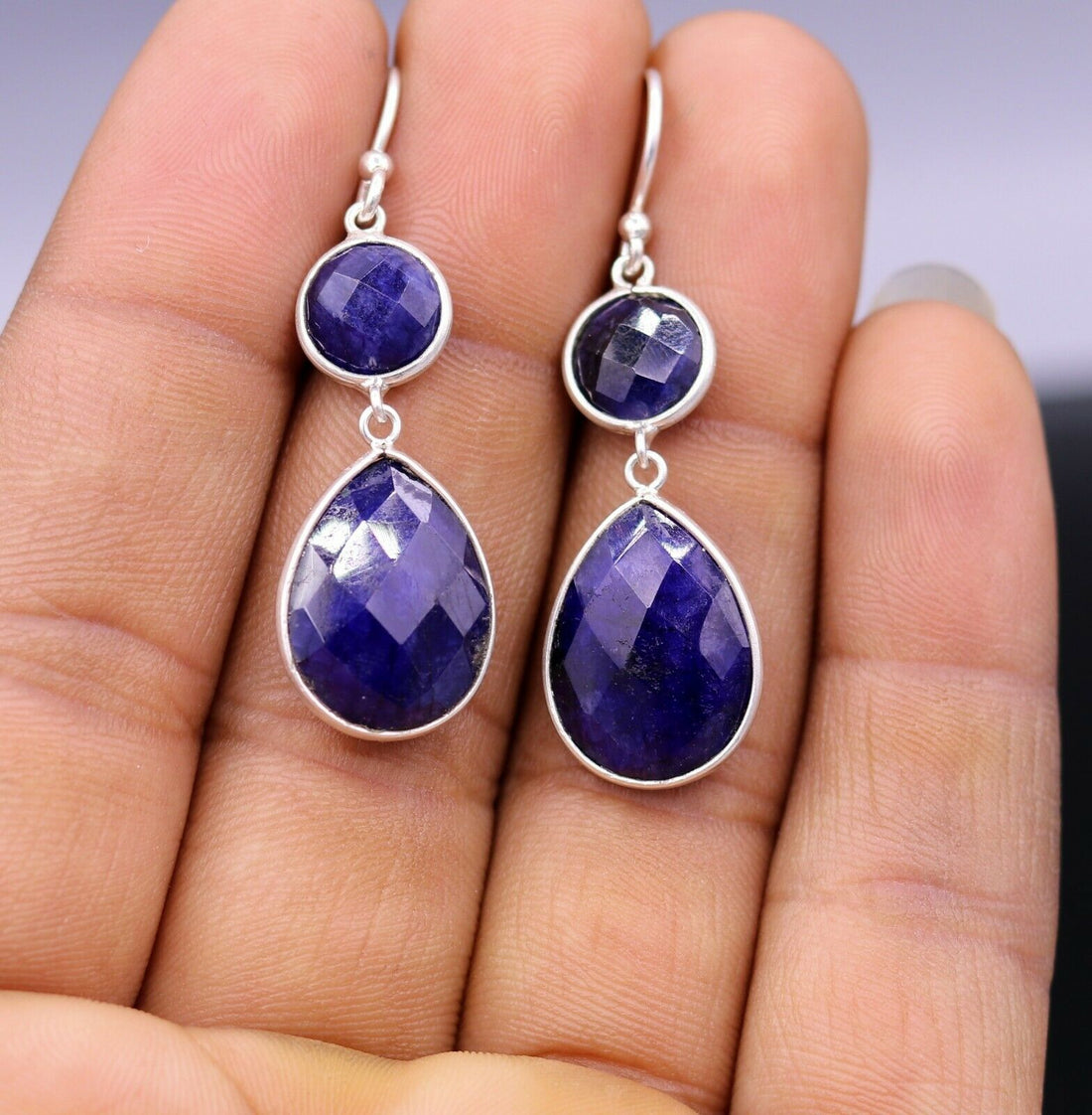 925 STERLING SILVER HANDMADE DAILY USE SIMULATED SAPPHIRE HOOPS EARRINGS s162 - TRIBAL ORNAMENTS