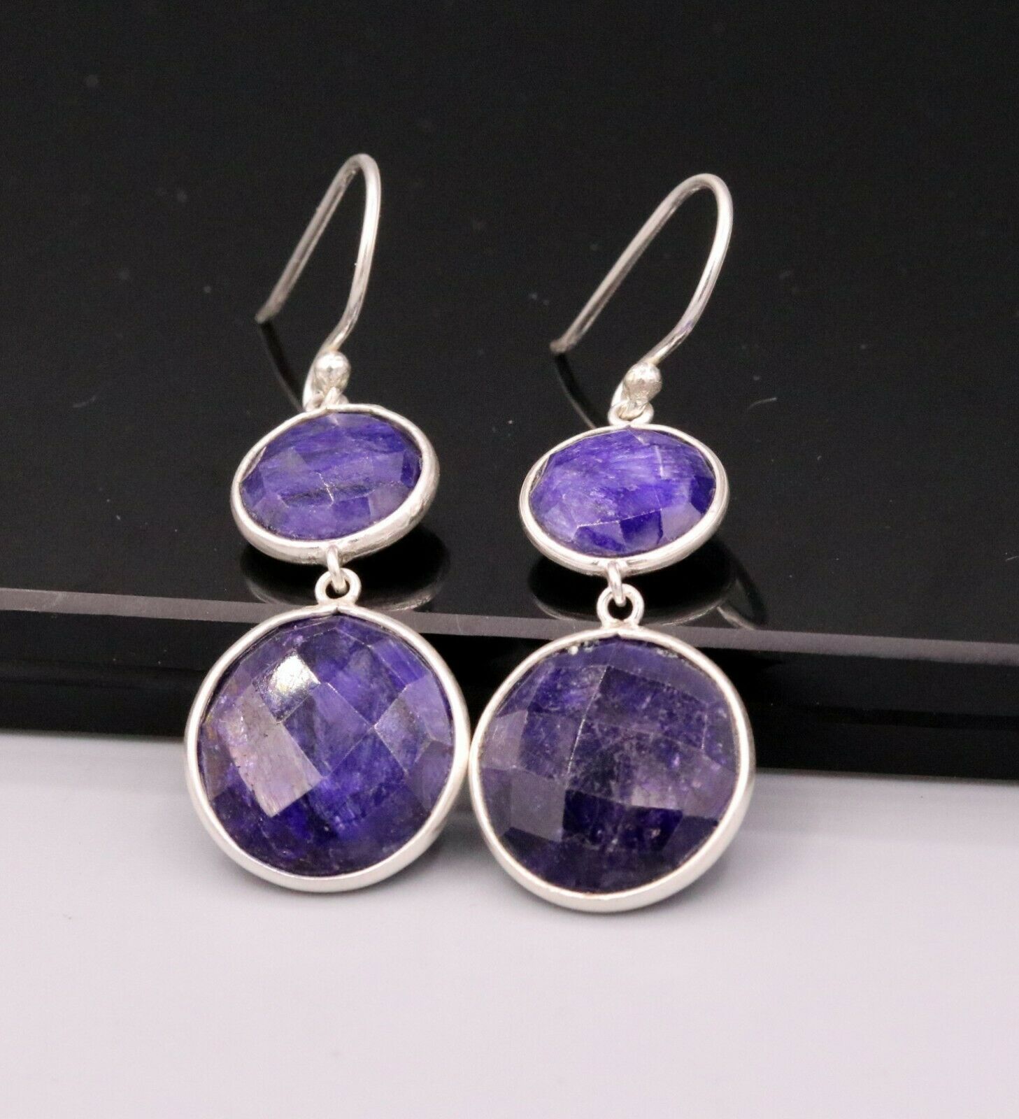 SIMULATED SAPPHIRE 925 SILVER DAILY USE SIMULATED SAPPHIRE HOOPS EARRINGS s163 - TRIBAL ORNAMENTS