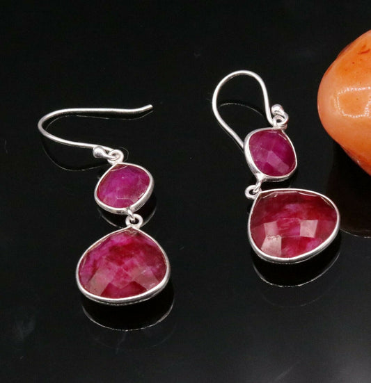 FABULOUS SIMULATED RUBY STONE 925 STERLING SILVER DROP DANGLE HOOPS EARRING s125 - TRIBAL ORNAMENTS