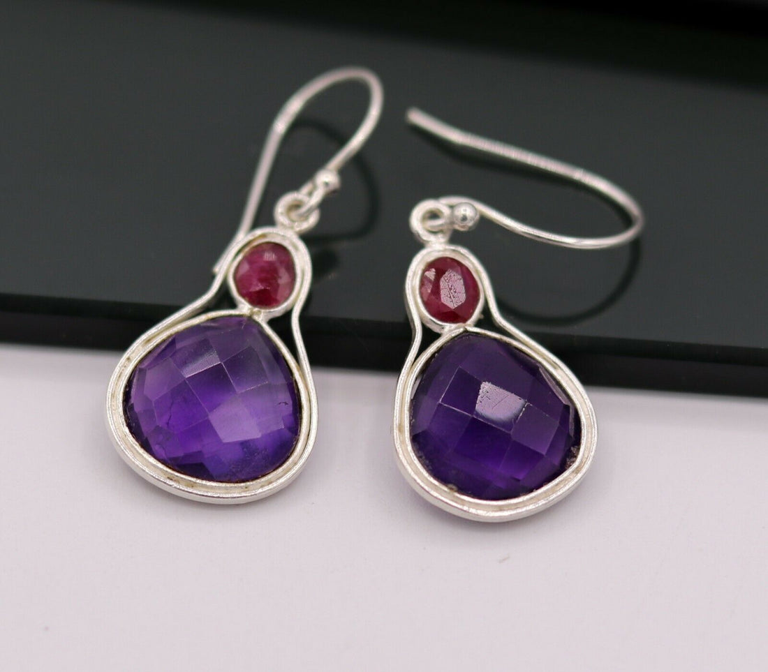 925 STERLING SILVER ANTIQUE STYLE HOOPS EARRING DROP DANGLE AMETHYST STONE S305 - TRIBAL ORNAMENTS