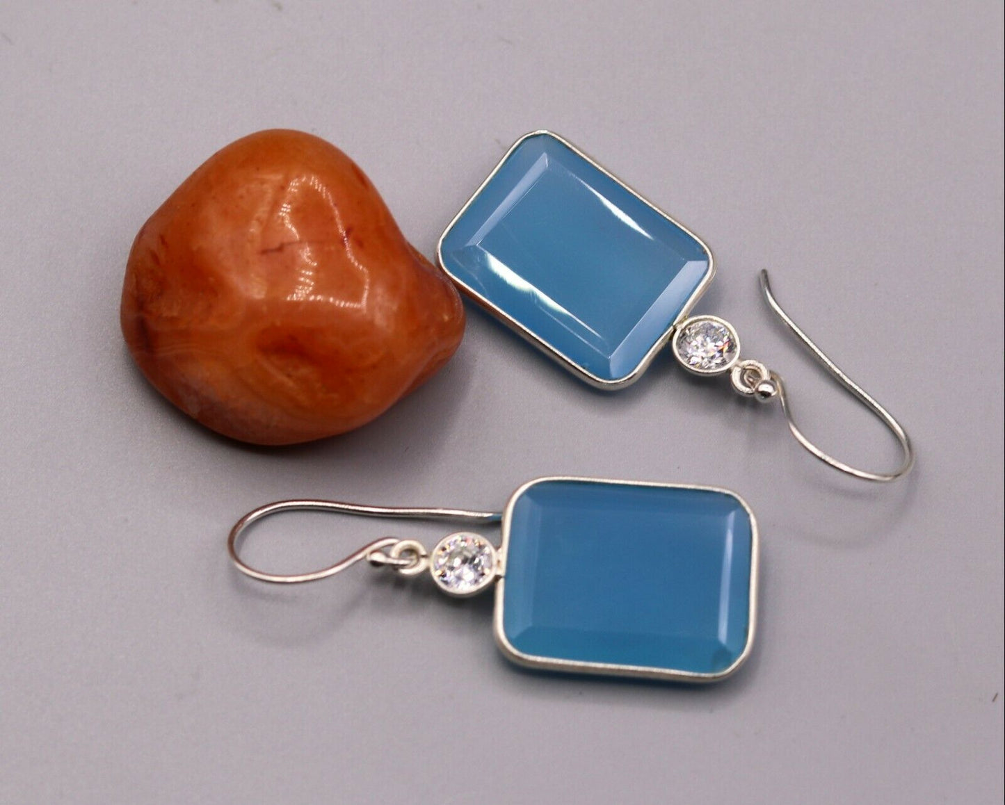 PRETTY SKY BLUE QUARTZ STONE 925 STERLING SILVER DROP DANGLE HOOPS EARRINGS s124 - TRIBAL ORNAMENTS