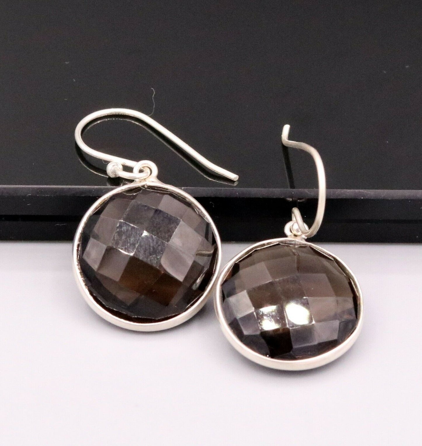 TOP CLASS SMOKY QUARTZ 925 SILVER DROP DANGLE HOOPS EARRINGS DAILY USE STUD s185 - TRIBAL ORNAMENTS