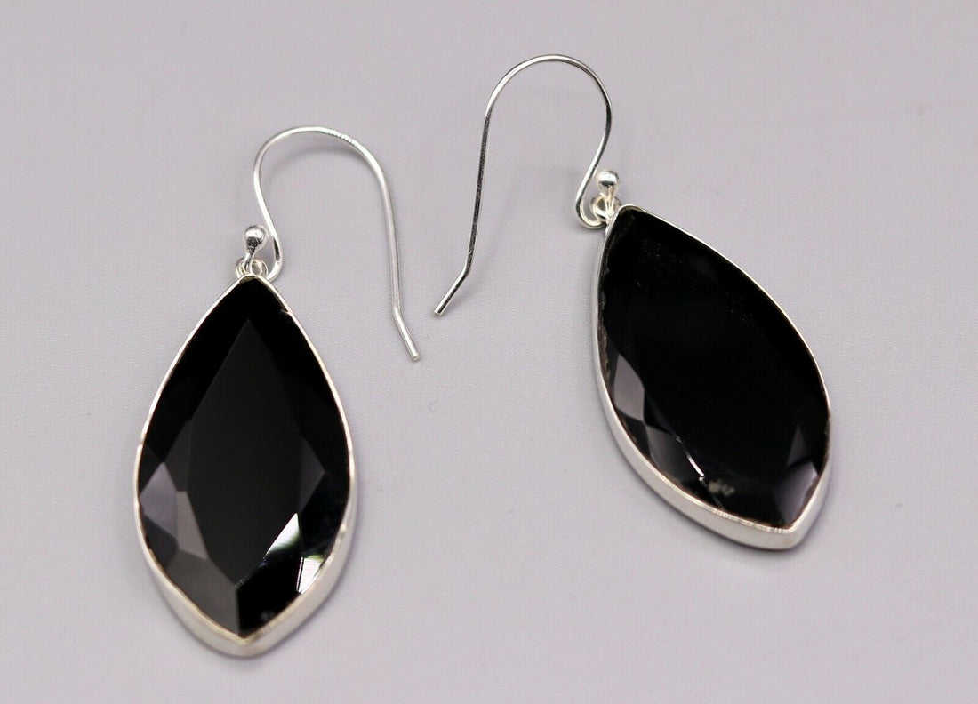 EXCELLENT GIFTING JEWELRY BLACK ONYX 925 SILVER HOOPS DROP DANGLE EARRING s129 - TRIBAL ORNAMENTS