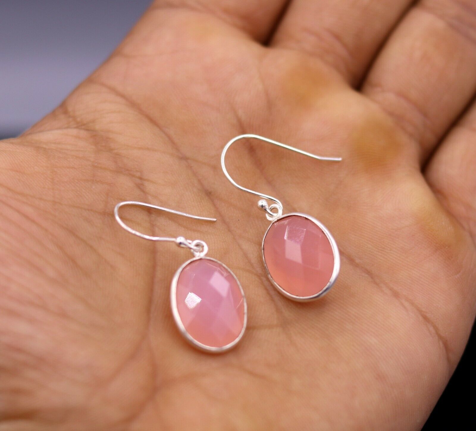 SIMPLE 925 SILVER HANDMADE EARRINGS DANGLING PINK ROSE QUARTZ GIFTING s-177 - TRIBAL ORNAMENTS