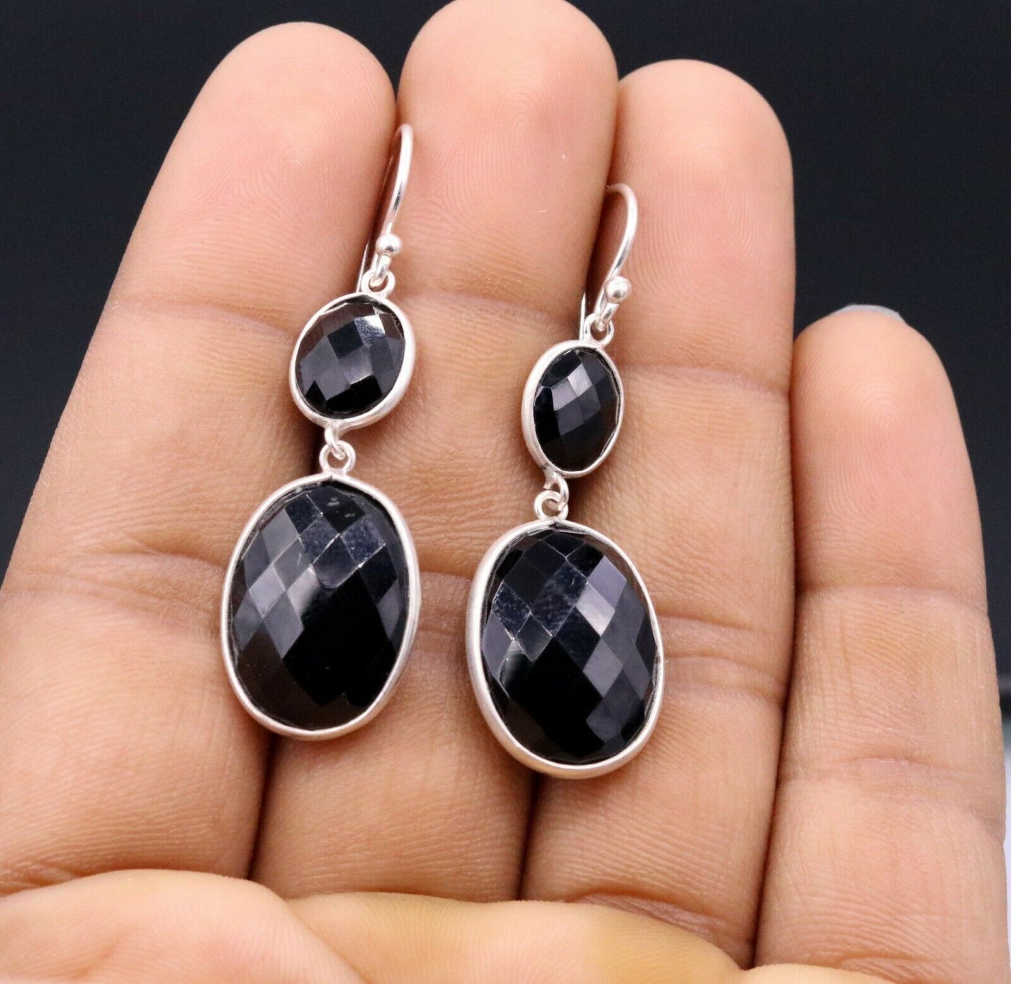 VINTAGE STYLISH EARRINGS HOOPS DANGLING 925 SOLID SILVER WITH ONYX STONE s189 - TRIBAL ORNAMENTS