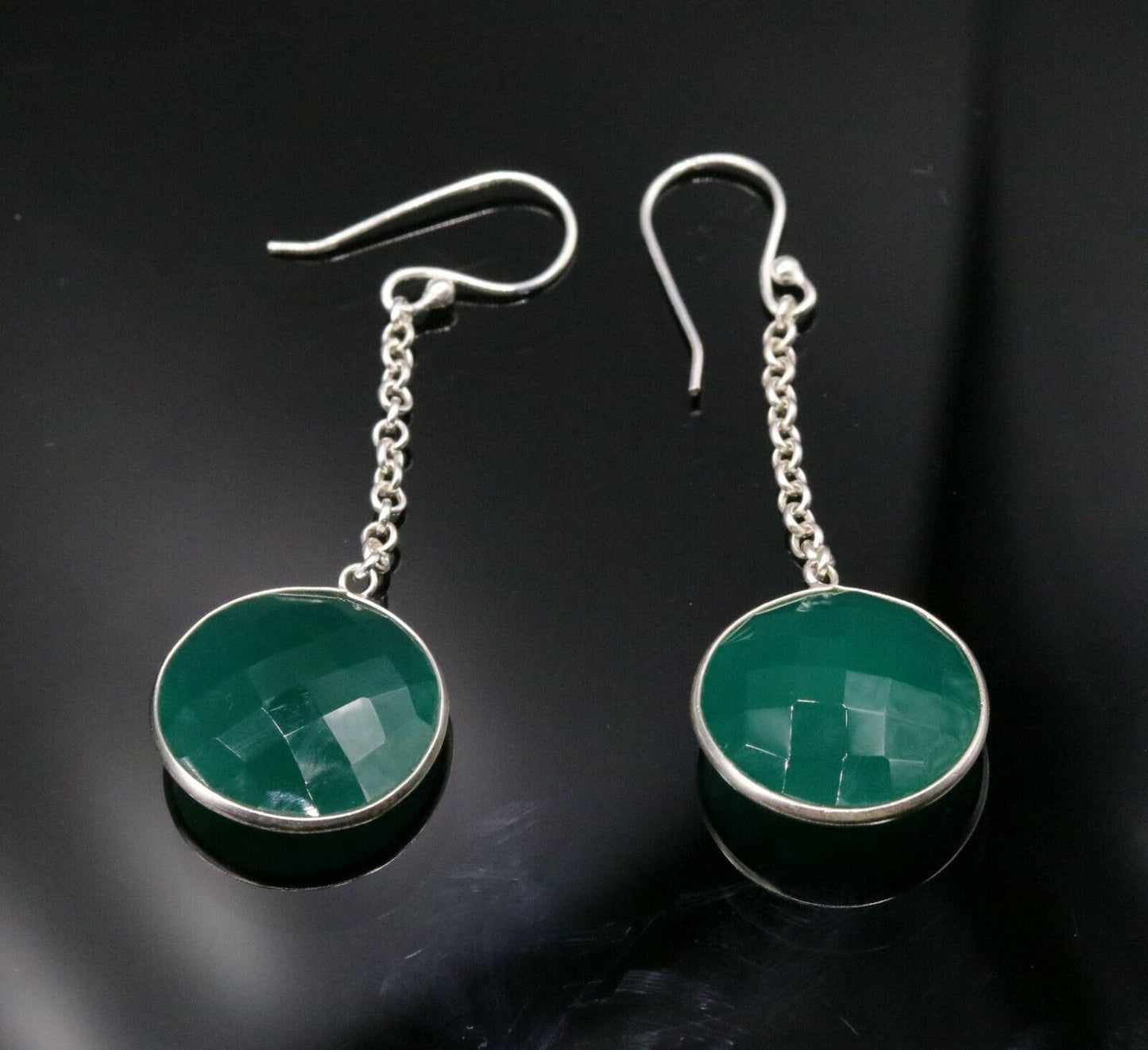 925 SOLID SILVER GREEN ONYX HOOPS LONG EARRING MODERN STYLISH JEWELRY STUD s150 - TRIBAL ORNAMENTS