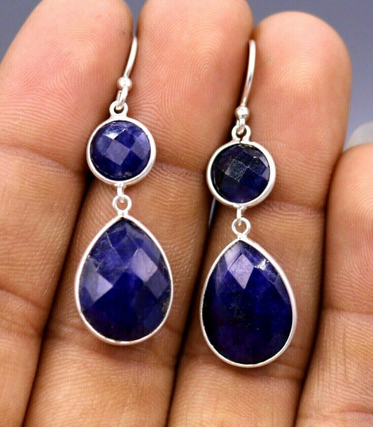 925 STERLING SILVER HANDMADE DAILY USE SIMULATED SAPPHIRE HOOPS EARRINGS s162 - TRIBAL ORNAMENTS