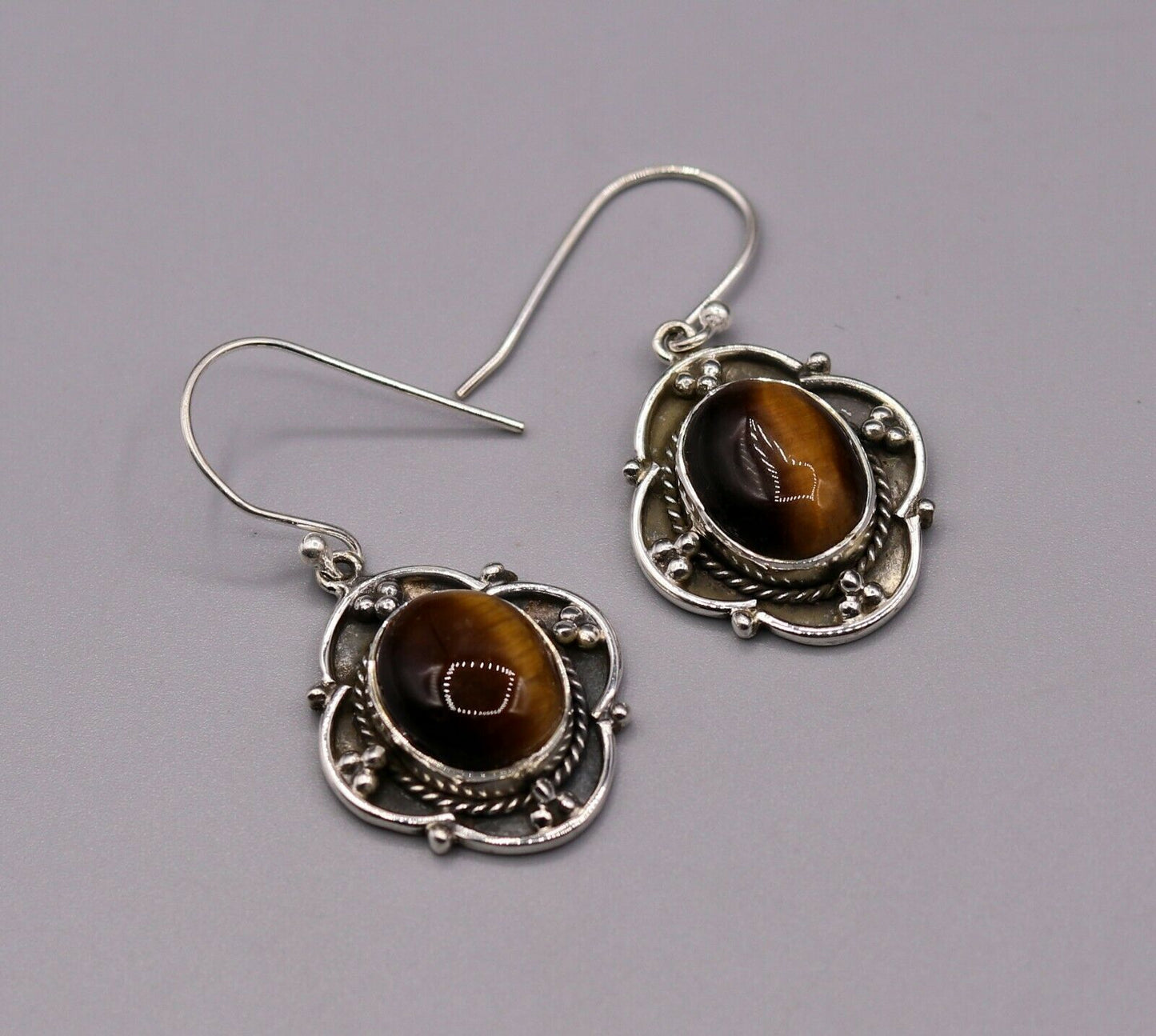 925 STERLING SILVER AMAZING TIGER'S STONE HOOPS EARRING DANGLING GIFTING S227 - TRIBAL ORNAMENTS