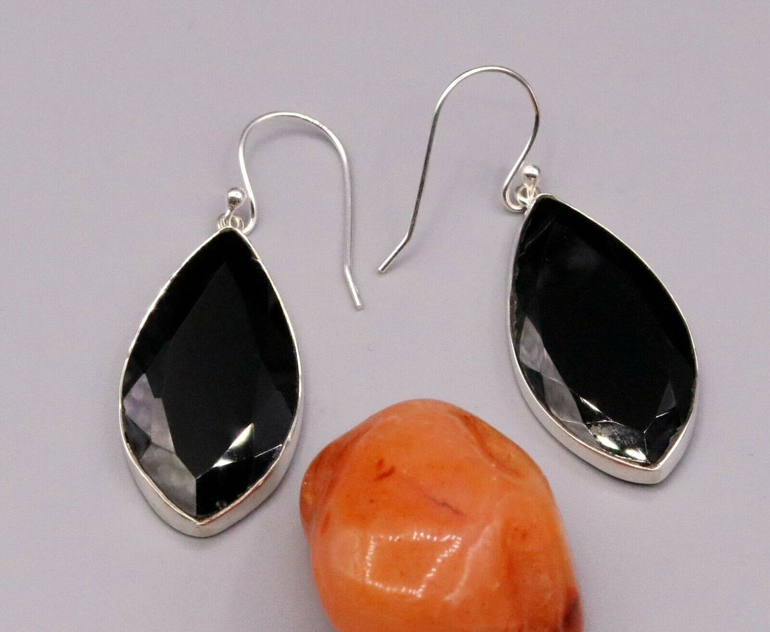 EXCELLENT GIFTING JEWELRY BLACK ONYX 925 SILVER HOOPS DROP DANGLE EARRING s129 - TRIBAL ORNAMENTS