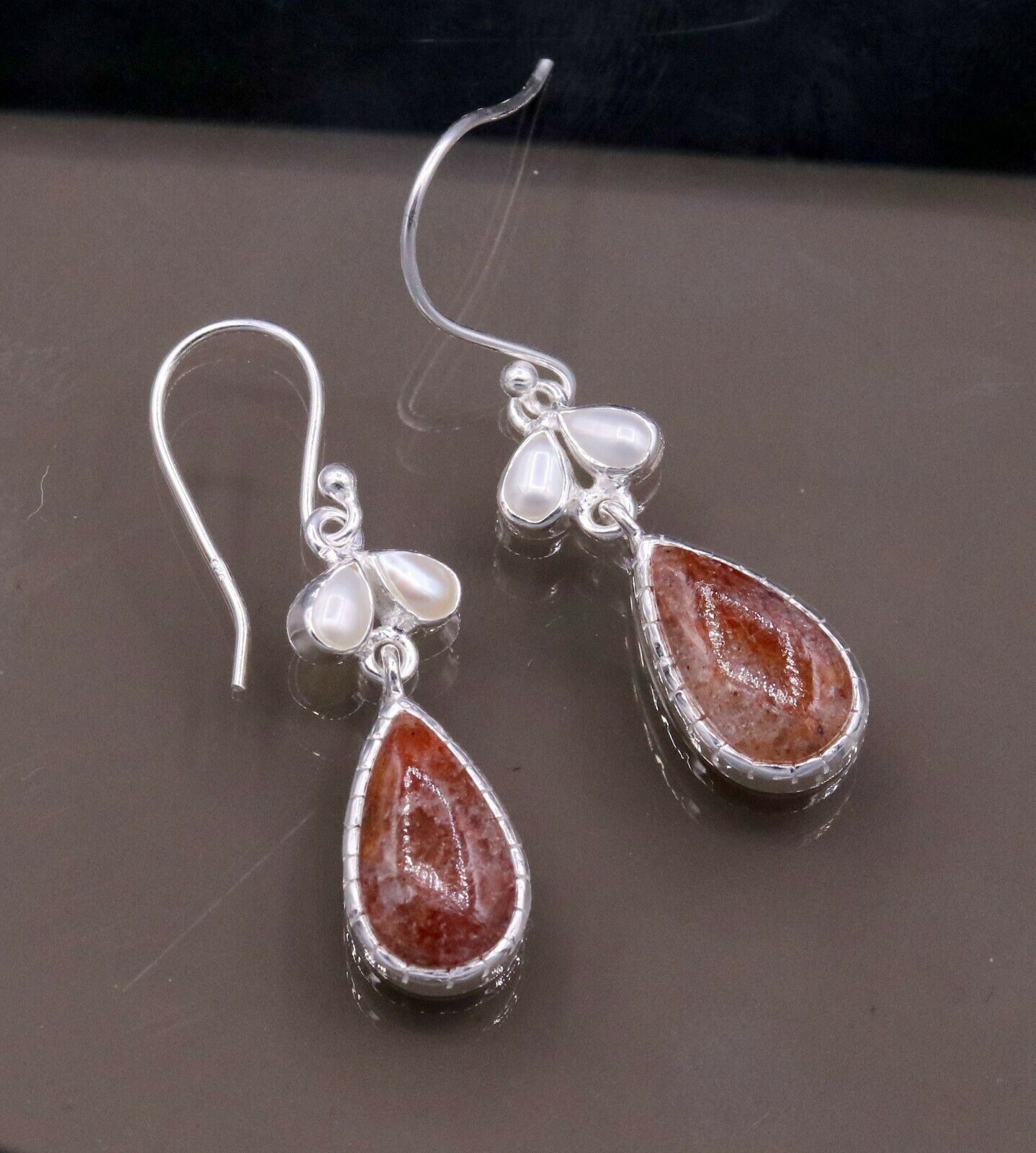 VINTAGE DESIGN STYLE STONE 925 STERLING SILVER DANGLING HOOP EARRING S323 - TRIBAL ORNAMENTS