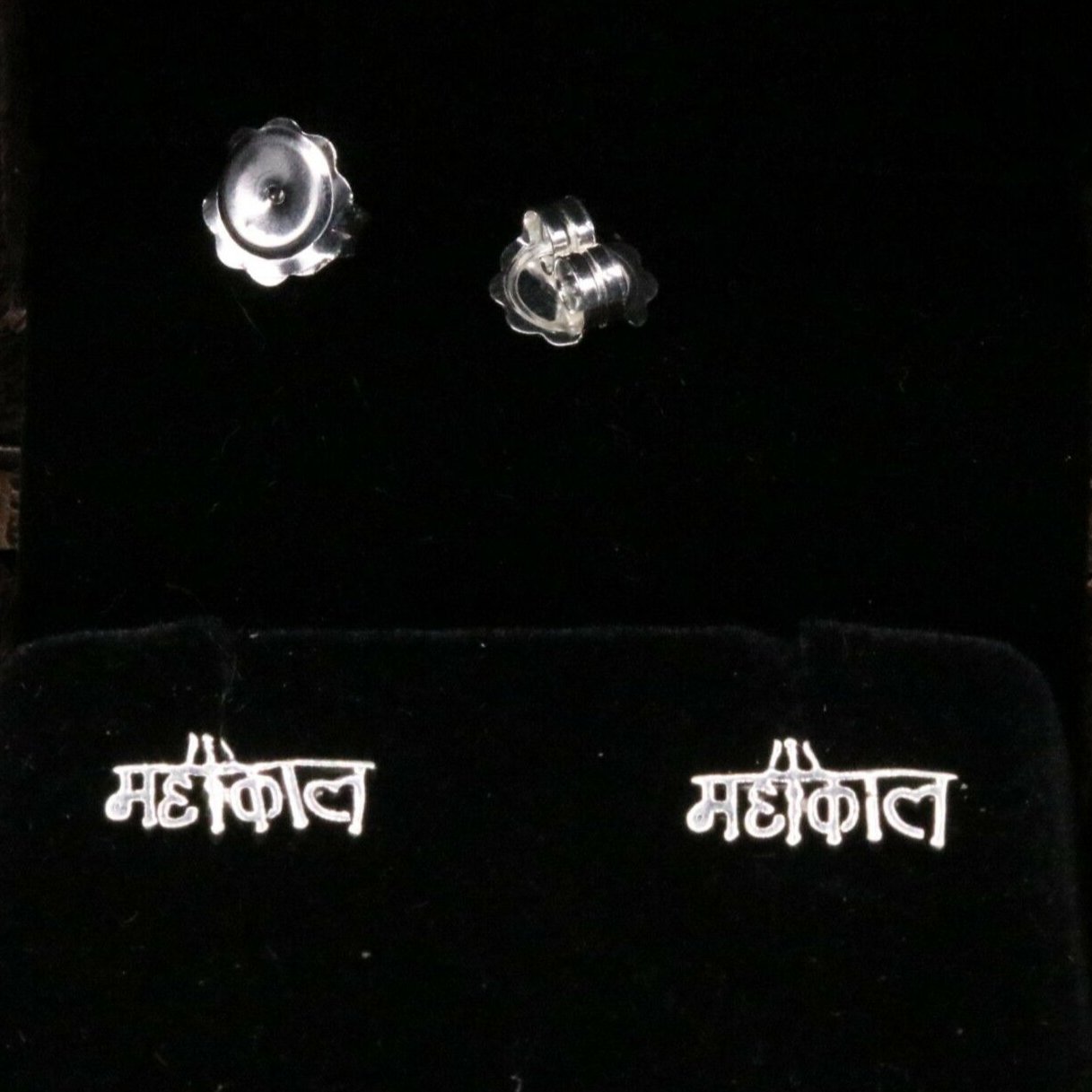 VINTAGE 925 SILVER HINDI IDOL SHIVA MAHAKAAL FANCY MEN'S STUDS PAIR EARRING S-25 - TRIBAL ORNAMENTS