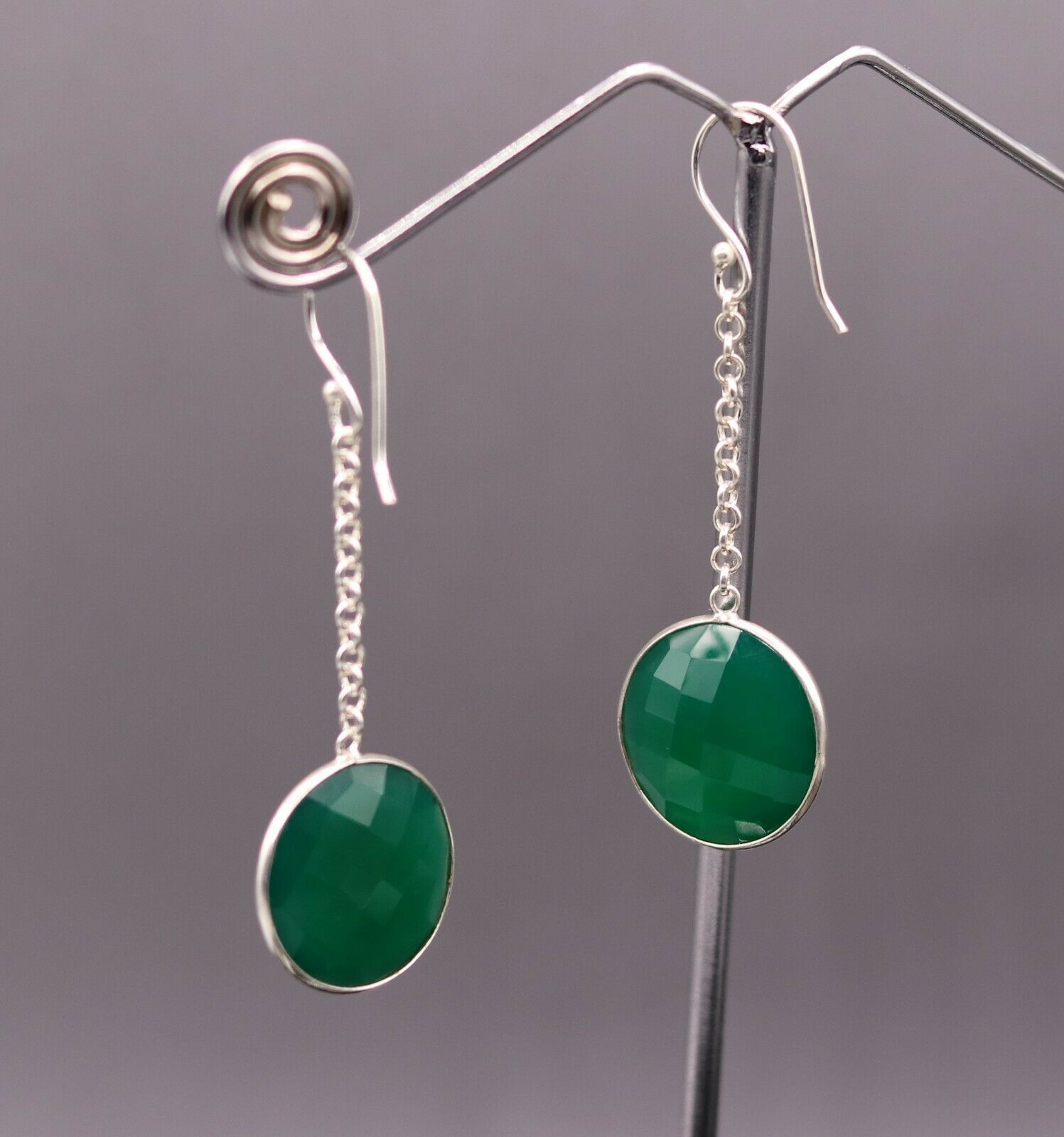 925 SOLID SILVER GREEN ONYX HOOPS LONG EARRING MODERN STYLISH JEWELRY STUD s150 - TRIBAL ORNAMENTS