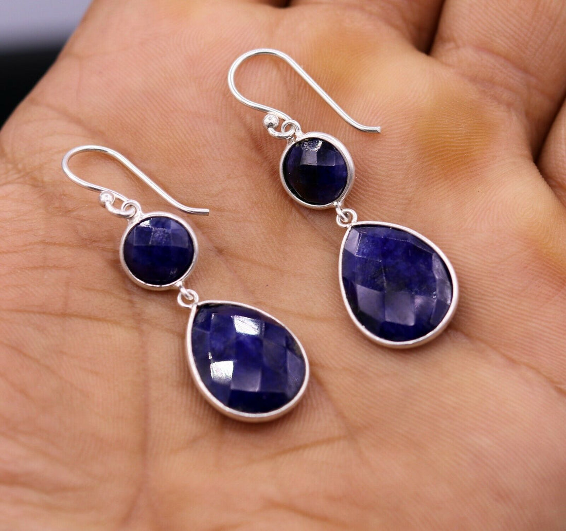 925 STERLING SILVER HANDMADE DAILY USE SIMULATED SAPPHIRE HOOPS EARRINGS s162 - TRIBAL ORNAMENTS