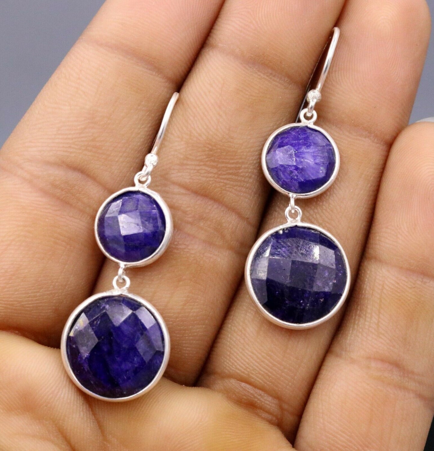 SIMULATED SAPPHIRE 925 SILVER DAILY USE SIMULATED SAPPHIRE HOOPS EARRINGS s163 - TRIBAL ORNAMENTS