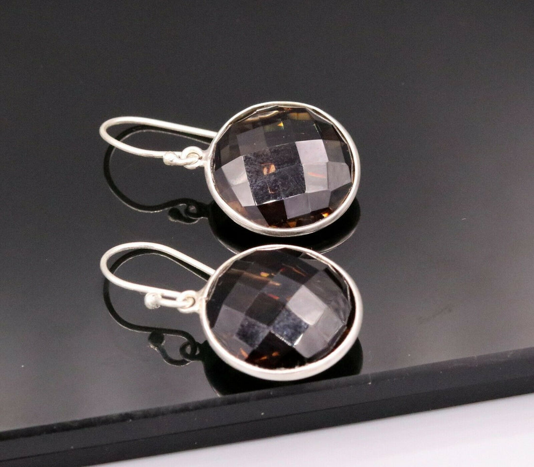 TOP CLASS SMOKY QUARTZ 925 SILVER DROP DANGLE HOOPS EARRINGS DAILY USE STUD s185 - TRIBAL ORNAMENTS