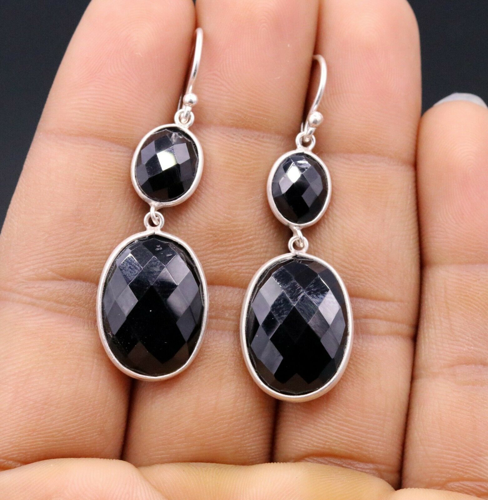 VINTAGE STYLISH EARRINGS HOOPS DANGLING 925 SOLID SILVER WITH ONYX STONE s189 - TRIBAL ORNAMENTS