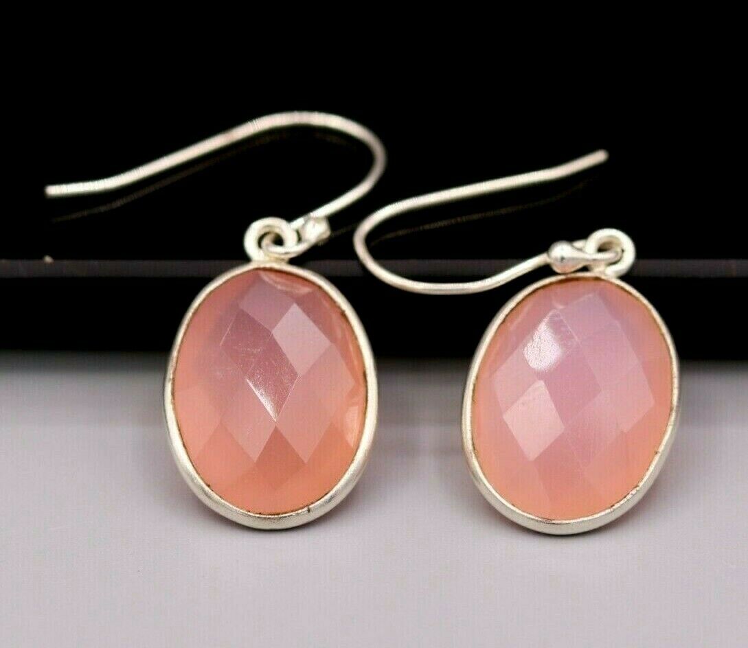 SIMPLE 925 SILVER HANDMADE EARRINGS DANGLING PINK ROSE QUARTZ GIFTING s-177 - TRIBAL ORNAMENTS