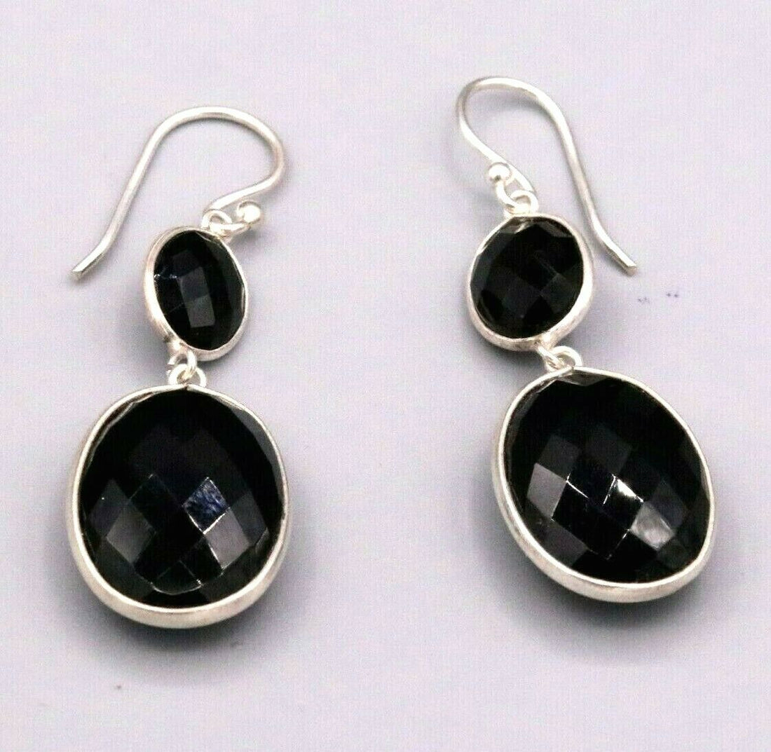 VINTAGE STYLISH EARRINGS HOOPS DANGLING 925 SOLID SILVER WITH ONYX STONE s189 - TRIBAL ORNAMENTS