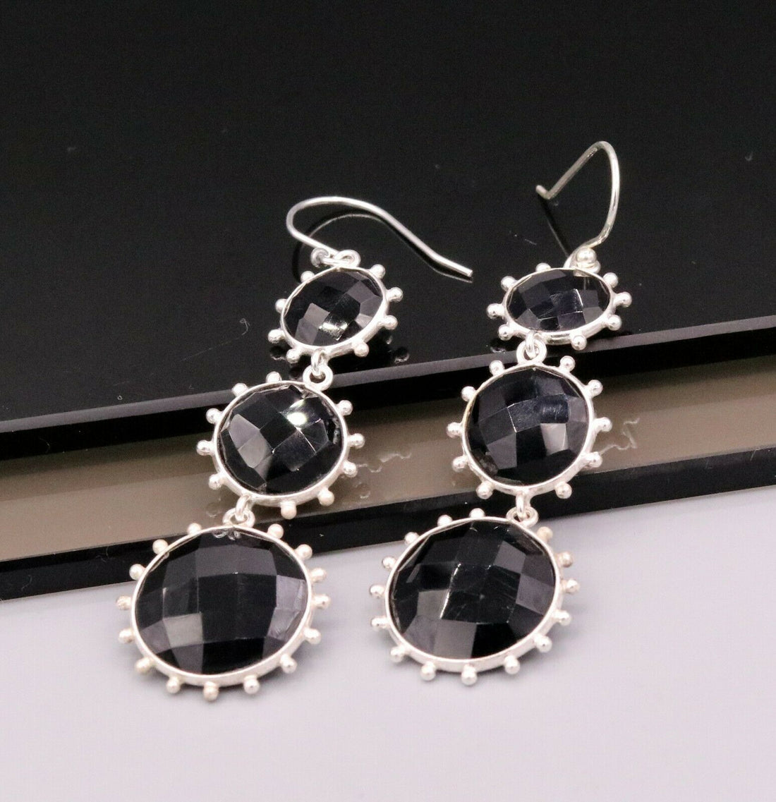 BLACK ONYX 925 SILVER HANDMADE EARRINGS DANGLING GORGEOUS JEWELRY GIRLS s174 - TRIBAL ORNAMENTS