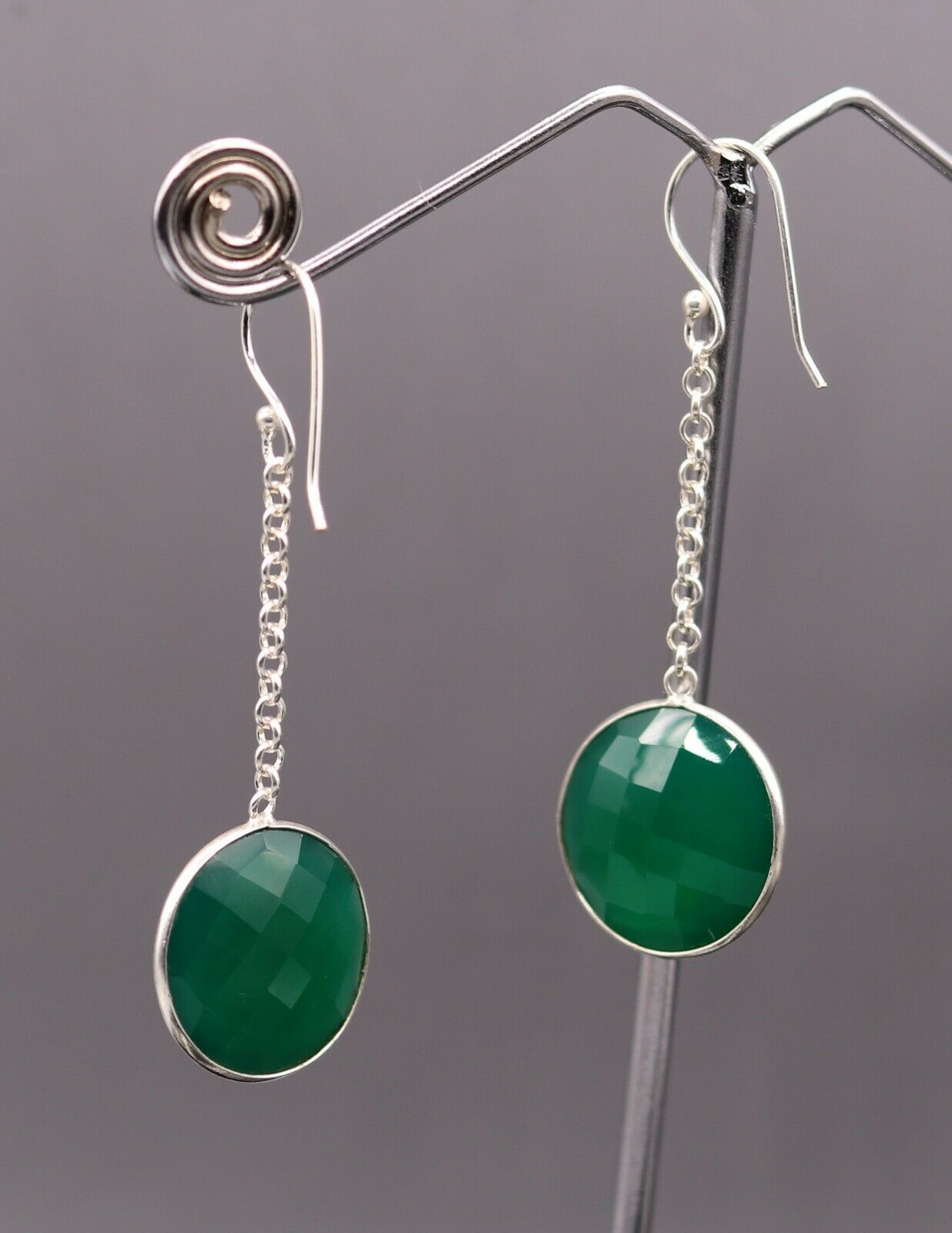 925 SOLID SILVER GREEN ONYX HOOPS LONG EARRING MODERN STYLISH JEWELRY STUD s150 - TRIBAL ORNAMENTS