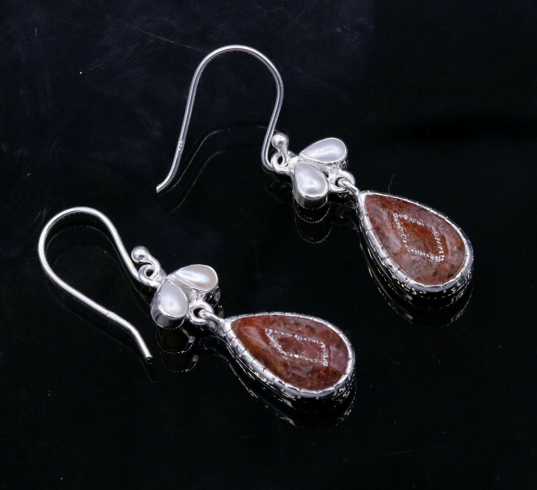 VINTAGE DESIGN STYLE STONE 925 STERLING SILVER DANGLING HOOP EARRING S323 - TRIBAL ORNAMENTS