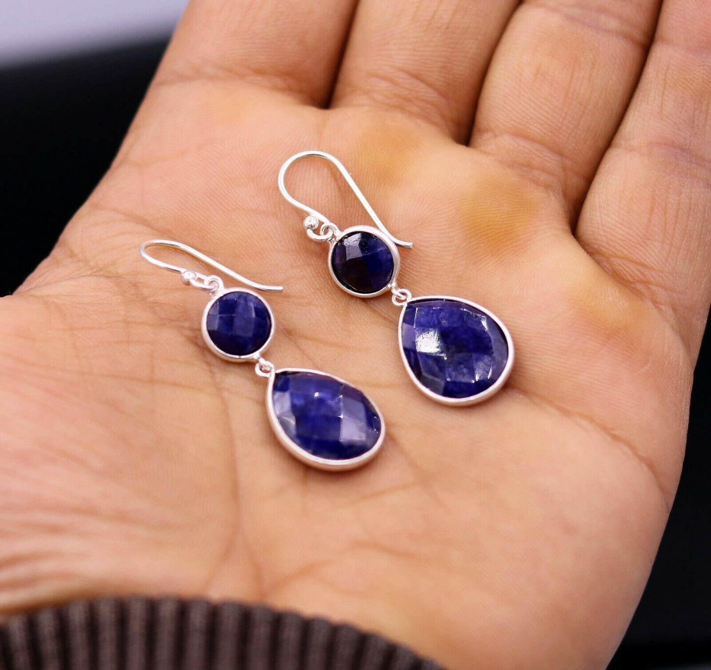 925 STERLING SILVER HANDMADE DAILY USE SIMULATED SAPPHIRE HOOPS EARRINGS s162 - TRIBAL ORNAMENTS