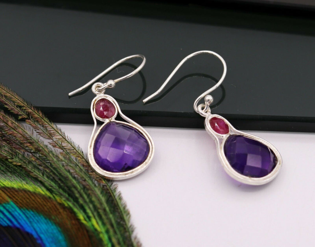 925 STERLING SILVER ANTIQUE STYLE HOOPS EARRING DROP DANGLE AMETHYST STONE S305 - TRIBAL ORNAMENTS