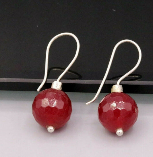 FINE SIMULATED RUBY PINK STONE EARRINGS HOOPS DANGLING 925 SOLID SILVER s191 - TRIBAL ORNAMENTS