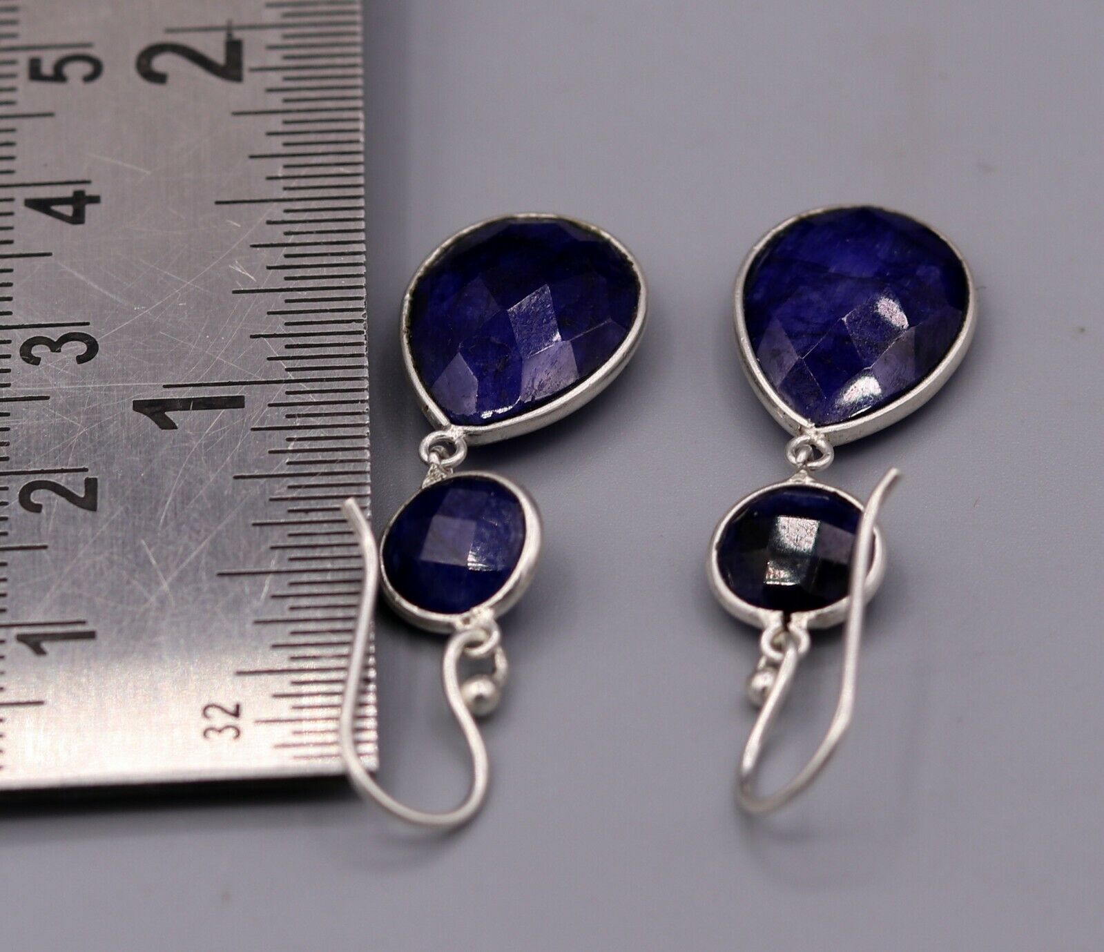 925 STERLING SILVER HANDMADE DAILY USE SIMULATED SAPPHIRE HOOPS EARRINGS s162 - TRIBAL ORNAMENTS