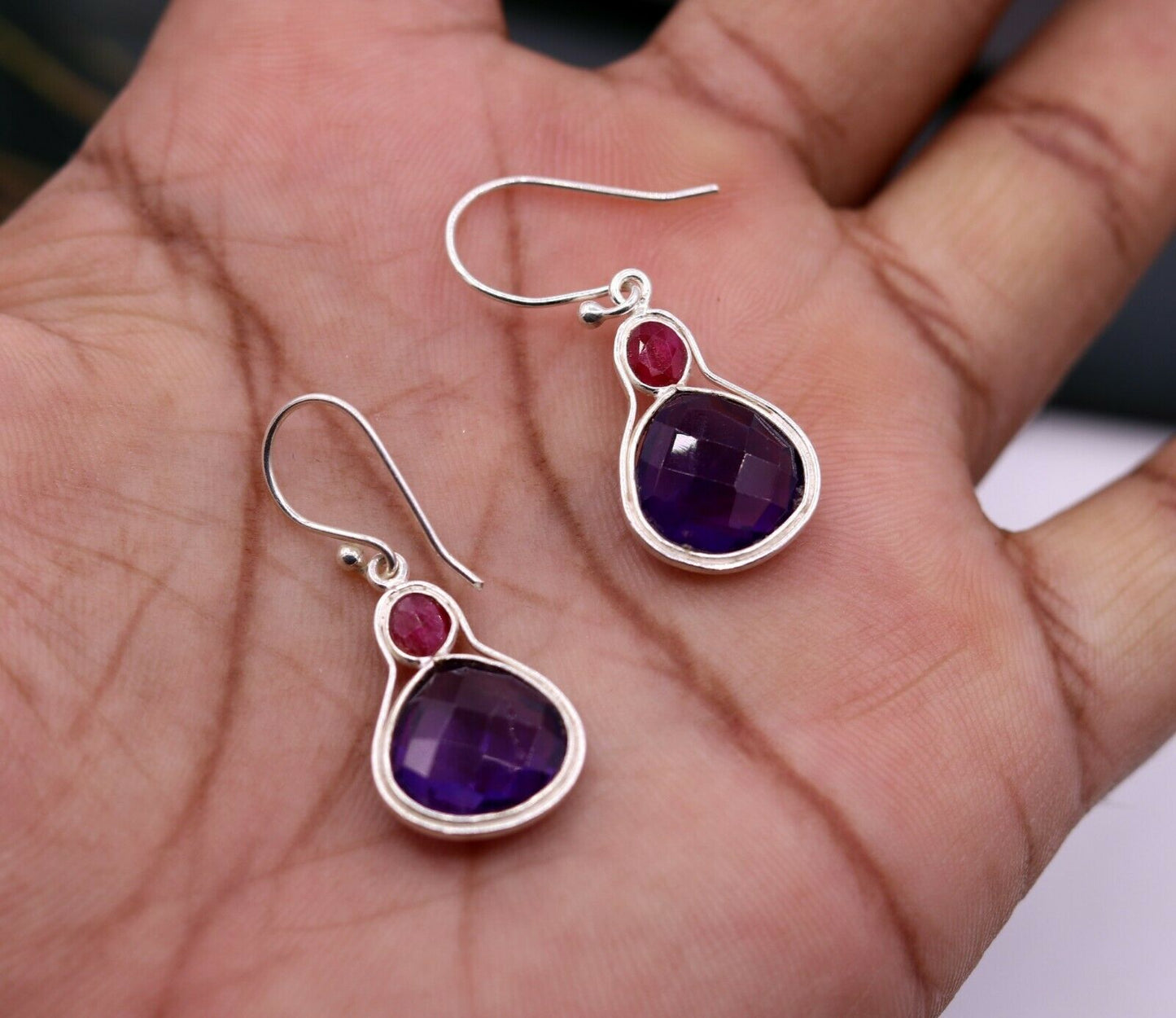 925 STERLING SILVER ANTIQUE STYLE HOOPS EARRING DROP DANGLE AMETHYST STONE S305 - TRIBAL ORNAMENTS