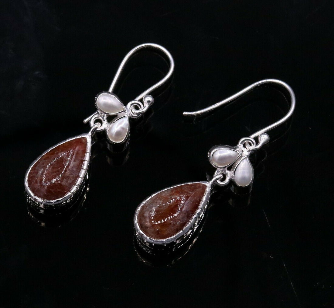 VINTAGE DESIGN STYLE STONE 925 STERLING SILVER DANGLING HOOP EARRING S323 - TRIBAL ORNAMENTS