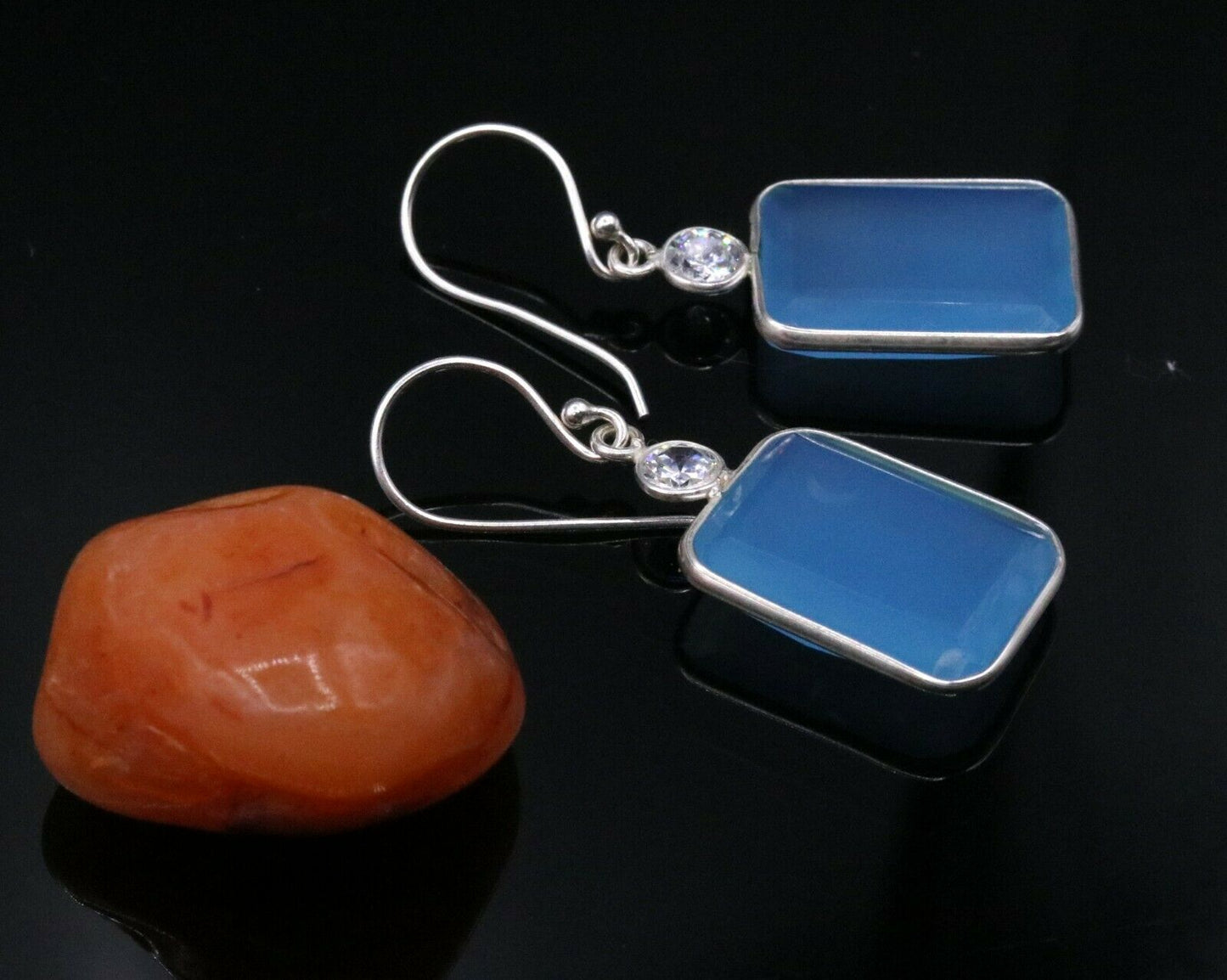 PRETTY SKY BLUE QUARTZ STONE 925 STERLING SILVER DROP DANGLE HOOPS EARRINGS s124 - TRIBAL ORNAMENTS