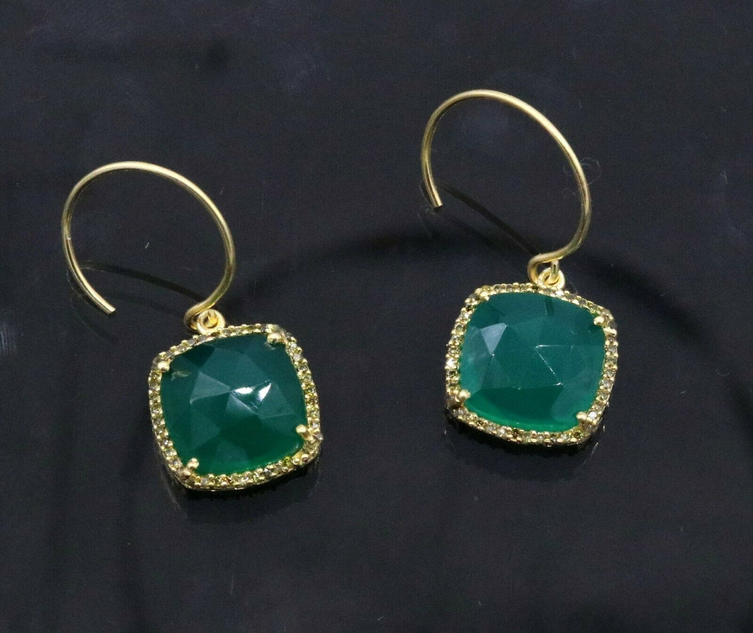 925 STERLING SILVER GREEN ONYX STONE HOOPS EARRINGS WOMEN'S GIRL'S JEWELRY S300 - TRIBAL ORNAMENTS