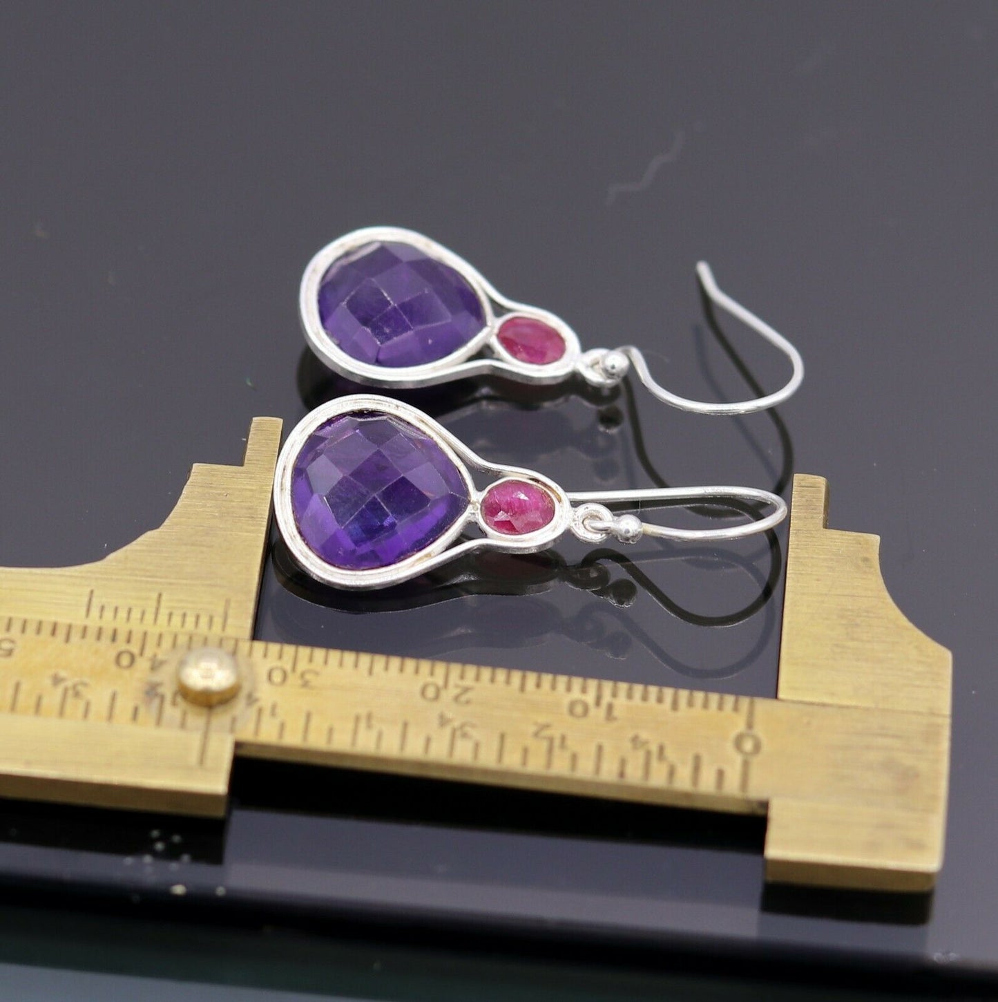 925 STERLING SILVER ANTIQUE STYLE HOOPS EARRING DROP DANGLE AMETHYST STONE S305 - TRIBAL ORNAMENTS