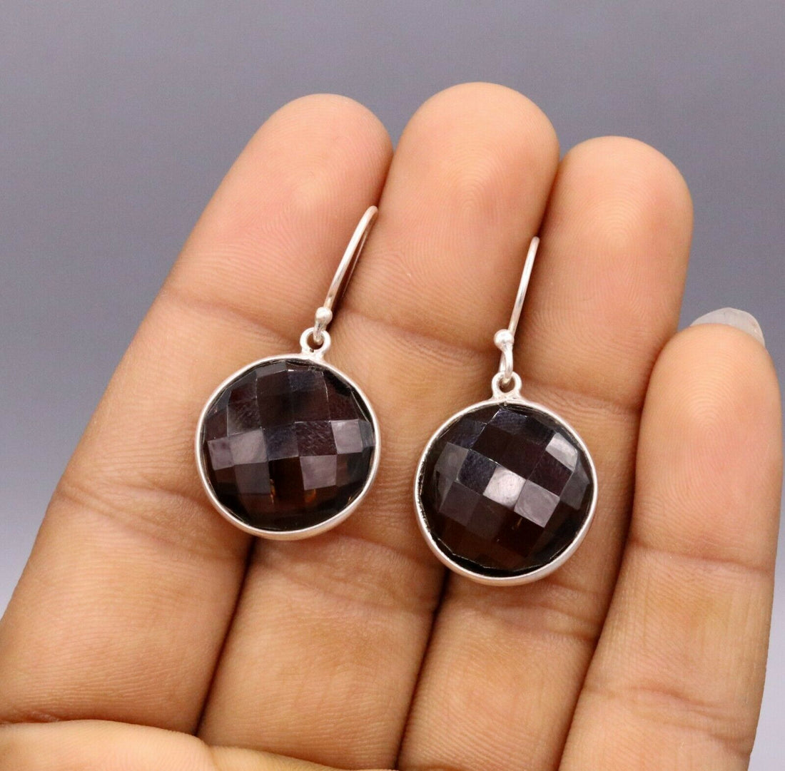 TOP CLASS SMOKY QUARTZ 925 SILVER DROP DANGLE HOOPS EARRINGS DAILY USE STUD s185 - TRIBAL ORNAMENTS